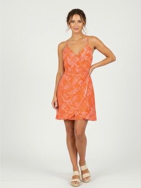 Forever 21 Contemporary Women's Orange Pink Tropical Leaf Print Tie Back Dress S
